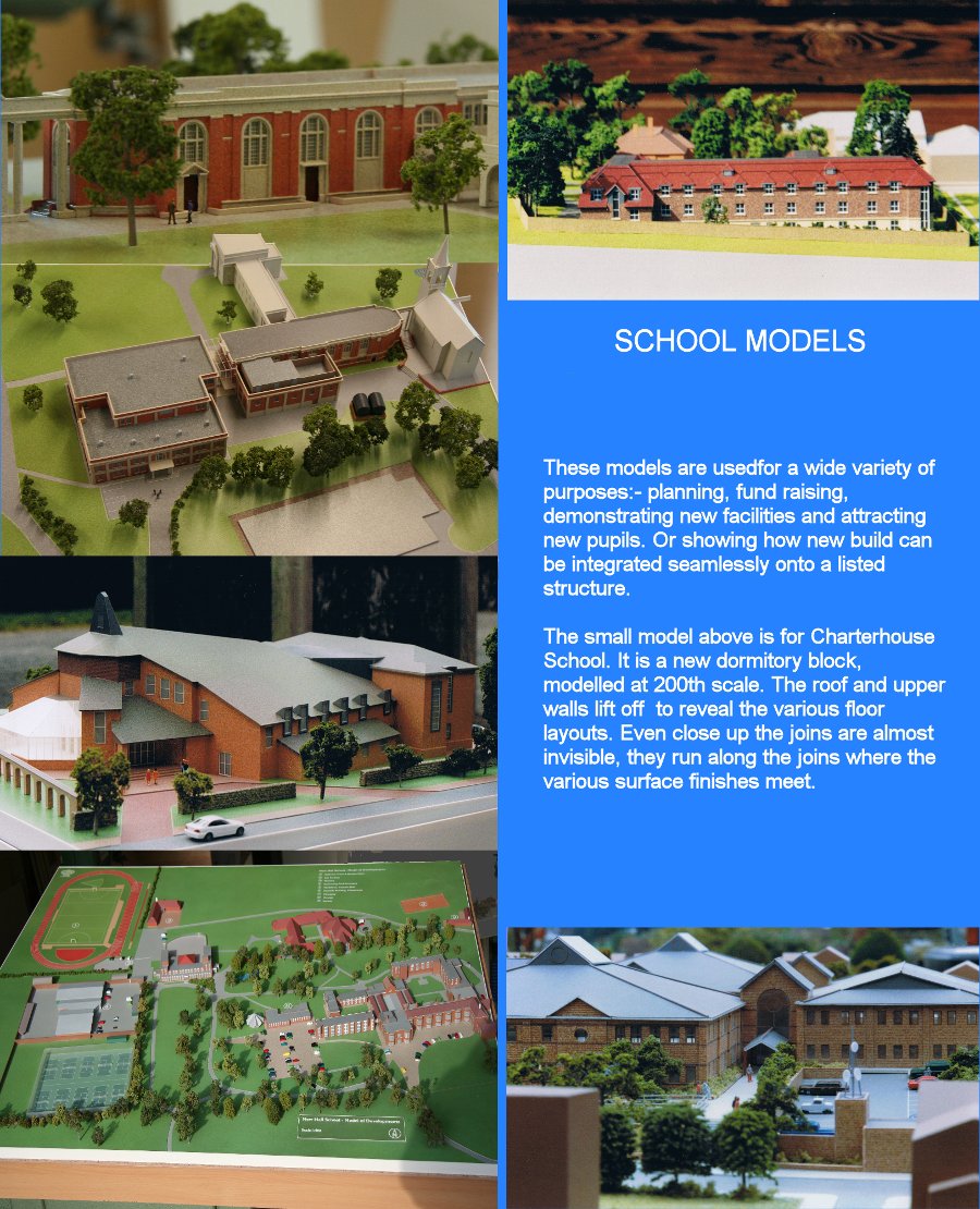 [These models are used for a wide variety of purposes: planning, fund-raising, demonstrating new facilities and attracting new pupils.  Or showing how a new build can be integrated seamlessly into a listed structure. The small model above is for Charterhouse School. It is a new dormitory block modelled at 200th scale. The roof and upper walls lift off to reveal the various floor layouts. Even close up, the joins are almost invisible as they run along the joins where the various surface finishes meet.]