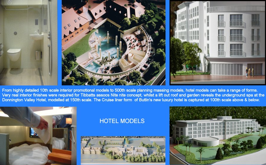 [From highly detailed 10th scale interior promotional models to 500th scale planing massing models, hotel models can take a range of forms. Very real interior finishes were required for the Tibbatts Associates 'Nite Nite' concept, whilst a lift-out roof and garden reveals the underground spa at the Donnington Valley Hotel, modelled at 150th scale. The Cruise liner form of Butlin's new luxury hotel is captured at 100th scale, above and below.]