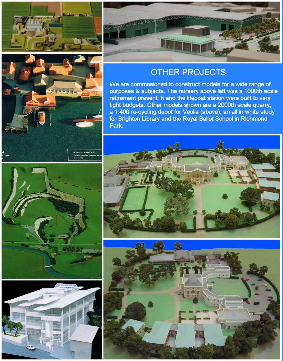 [We are commissioned to construct models for a wide range of purposes and subjects. The nursery (above left) was a 1000th scale retirement present. It and the lifeboat station (left) were built to very tight budgets. Other models shown are a 2000th scale quarry, a 1:400 recycling plant for Veolia (above), an all-in-white study for Brighton Library and the Royal Ballet School in Richmond Park.]